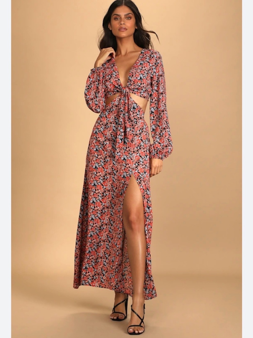 Lulu red and blue floral cut out midi dress